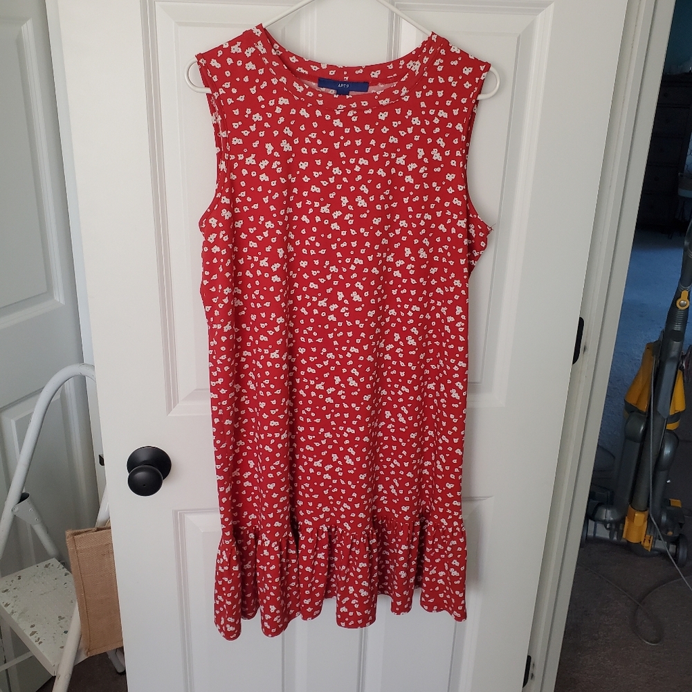 Red Dress with white Flowers and ruffle bottom Dainty